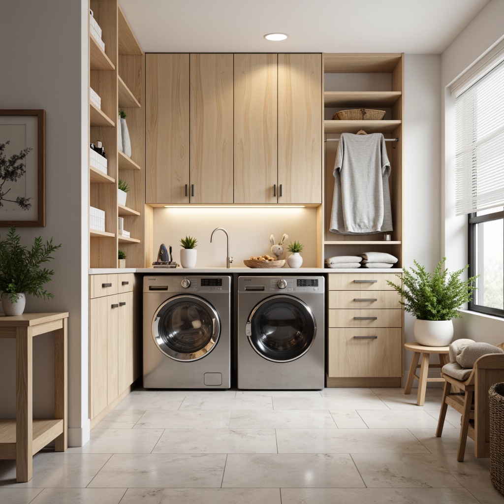 Prompt: Modern laundry room, sleek cabinets, stainless steel appliances, compact storage units, retractable drying racks, stackable washer and dryer, built-in ironing boards, folding tables, LED lighting, minimalist shelving, eco-friendly materials, natural wood accents, soft pastel colors, warm beige tones, shallow depth of field, 1/1 composition, realistic textures, ambient occlusion.