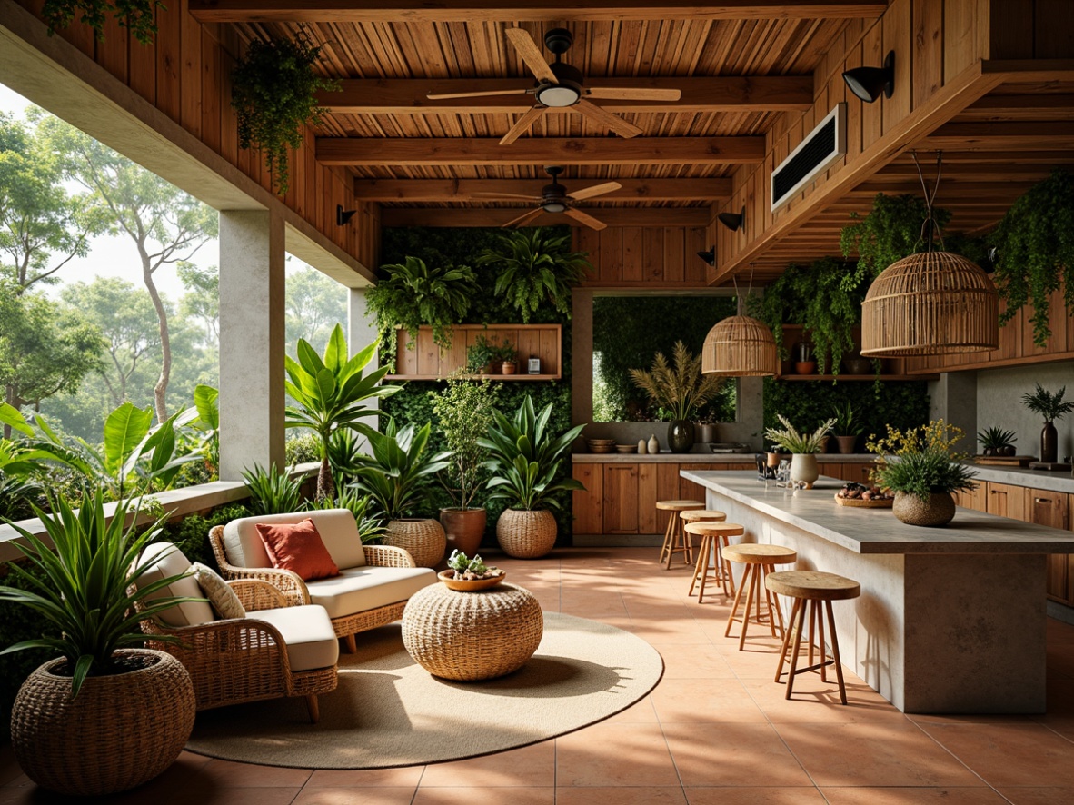 Prompt: Vibrant tropical plants, natural wood accents, woven rattan furniture, earthy terracotta flooring, reclaimed wooden walls, lush greenery, living walls, warm sandy tones, rustic metal decor, exotic flower arrangements, bamboo ceiling fans, natural stone countertops, ocean-inspired color palette, soft diffused lighting, 3/4 composition, cozy intimate atmosphere, realistic textures, ambient occlusion.