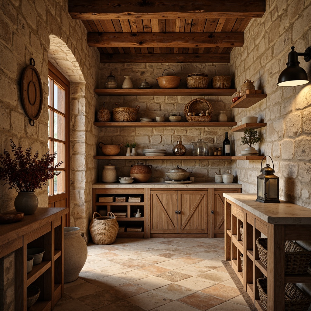 Prompt: Warm Mediterranean pantry, natural stone walls, rustic wooden shelves, ceramic tile flooring, earthy color palette, woven baskets, vintage metal lanterns, distressed wood cabinets, ornate metal hardware, soft warm lighting, shallow depth of field, 3/4 composition, realistic textures, ambient occlusion.