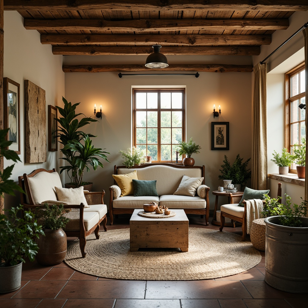 Prompt: Rustic farmhouse interior, vintage decor, distressed wood accents, earthy tones, warm beige walls, soft cream trim, muted sage greenery, antique furniture pieces, natural linen fabrics, woven jute rugs, galvanized metal accents, reclaimed wooden beams, exposed brick walls, cozy candlelight, warm golden lighting, shallow depth of field, 1/1 composition, realistic textures, ambient occlusion.