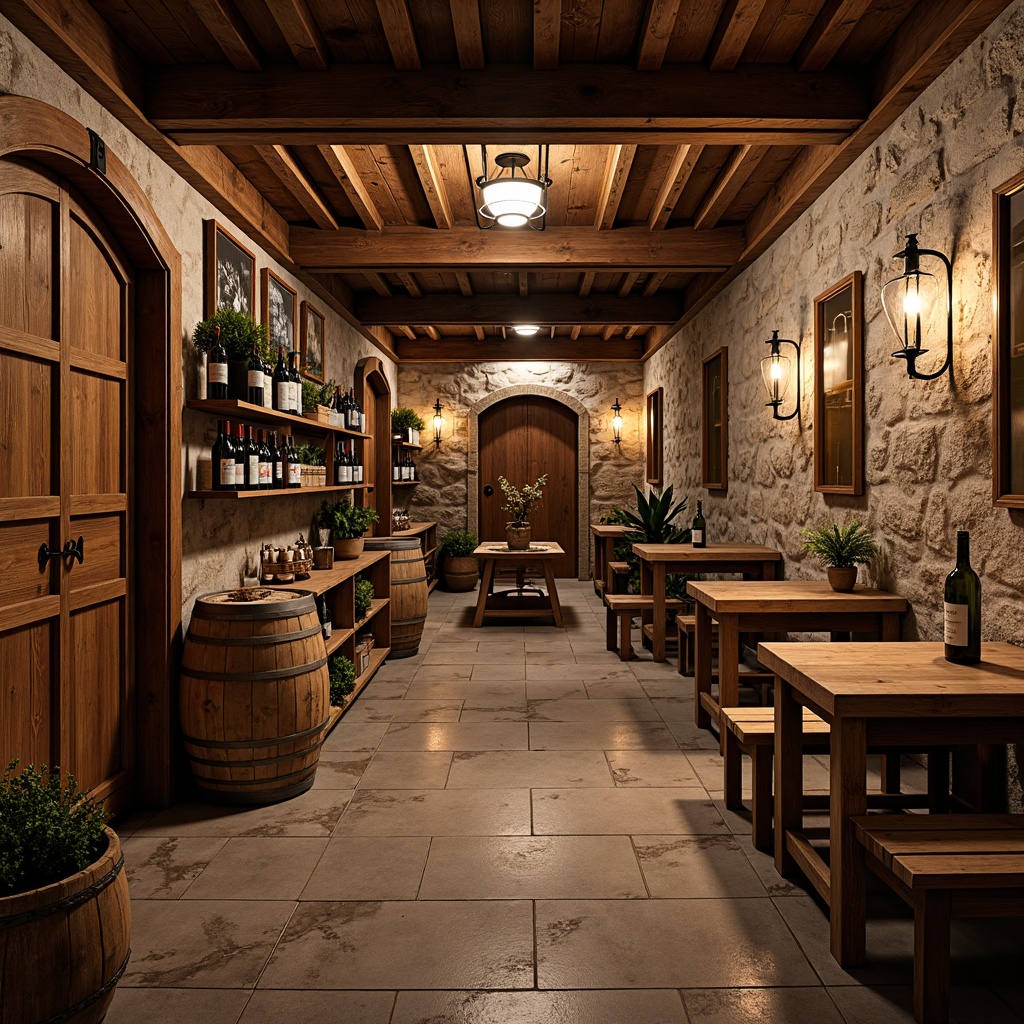 Prompt: Rustic wine cellar, reclaimed wood shelving, earthy tone walls, stone flooring, dim warm lighting, wooden barrels, wine bottles, metal lanterns, vintage decor, distressed finishes, natural textures, rich wood grains, wooden crates, wrought iron accents, arched doorways, rustic chandeliers, cozy nooks, soft ambient glow, 1/2 composition, shallow depth of field, realistic reflections.