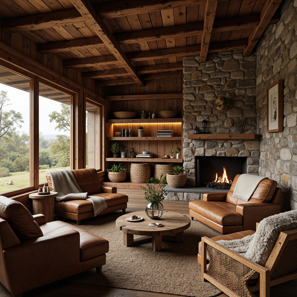 Prompt: Rustic cabin, wooden accents, natural stone walls, earthy color palette, woven baskets, plush throw blankets, distressed leather furniture, vintage metal decor, reclaimed wood shelves, lantern-style lighting, warm cozy ambiance, soft warm lighting, shallow depth of field, 3/4 composition, panoramic view, realistic textures, ambient occlusion.