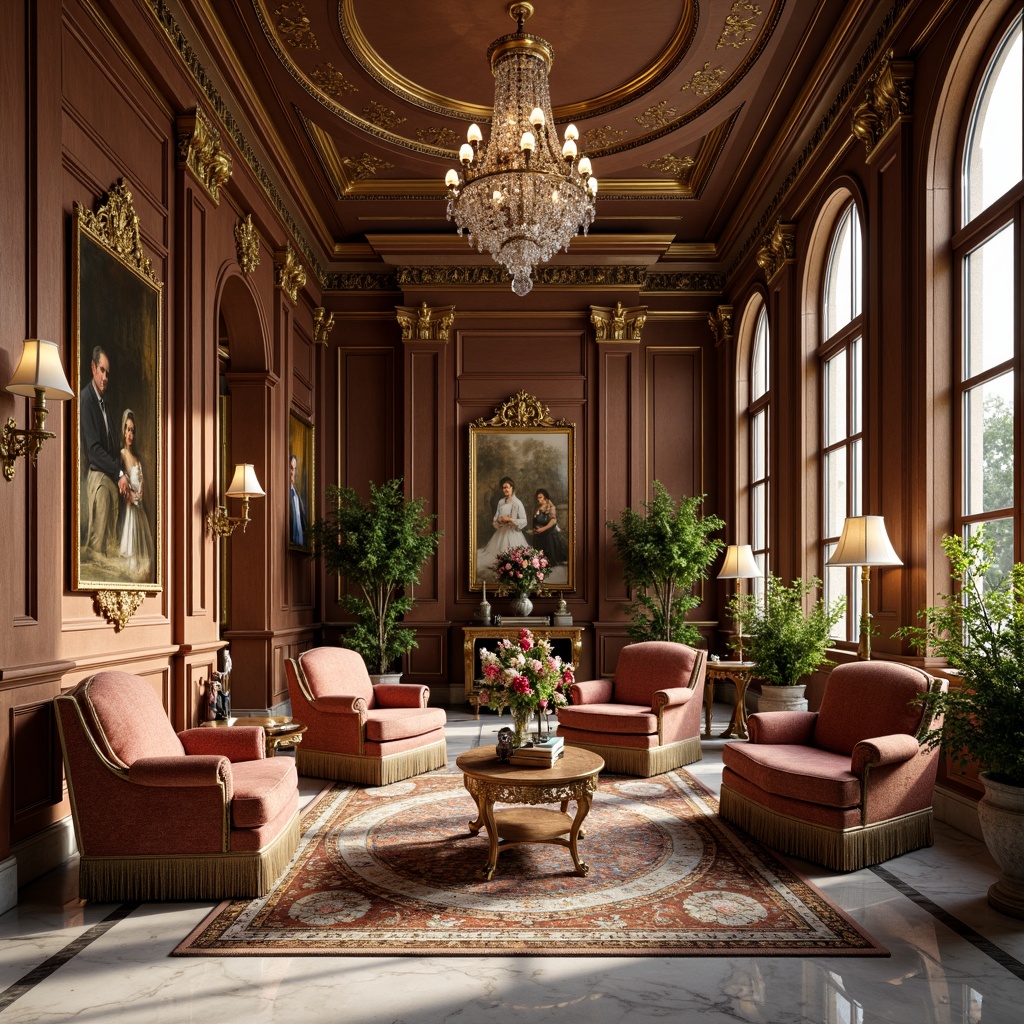 Prompt: Elegant neoclassical interior, ornate furniture, rich wood tones, intricate carvings, velvet upholstery, golden accents, crystal chandeliers, marble floors, high ceilings, grand windows, soft natural lighting, 1/1 composition, shallow depth of field, warm color palette, luxurious fabrics, antique pieces, curved lines, symmetrical arrangements, refined details, subtle textures.