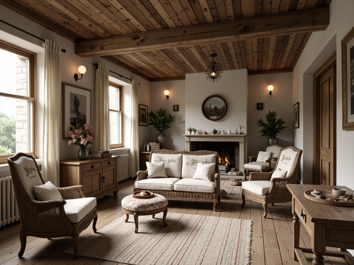 Prompt: Rustic French country cottage, distressed wood accents, vintage floral patterns, soft cotton fabrics, linen upholstery, natural fiber rugs, earthy color palette, muted pastels, subtle stripes, toile de Jouy prints, elegant script typography, antique furniture pieces, ornate metalwork, lace trim details, warm candlelight, cozy ambiance, shallow depth of field, 1/1 composition, realistic textures, ambient occlusion.