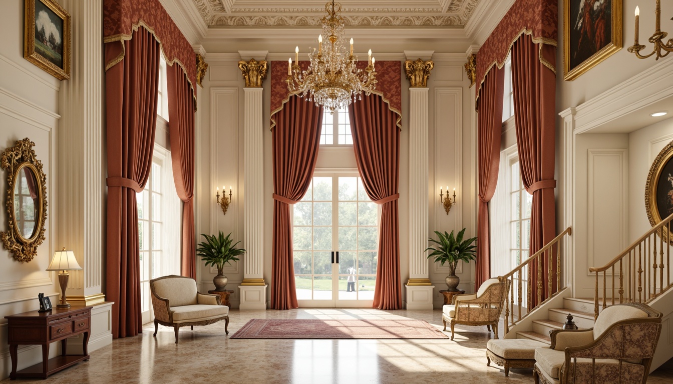 Prompt: Elegant neoclassical interior, rich velvet drapes, intricately patterned silk fabrics, ornate golden frames, carved wooden accents, soft cream-colored walls, high ceilings, crystal chandeliers, luxurious satin upholstery, subtle floral motifs, refined brocade textiles, majestic columns, grand staircases, warm beige marble floors, sophisticated architectural details, dramatic curtain draping, lavish furnishings, opulent atmosphere, classical proportions, 1/1 composition, softbox lighting, realistic fabric simulations.