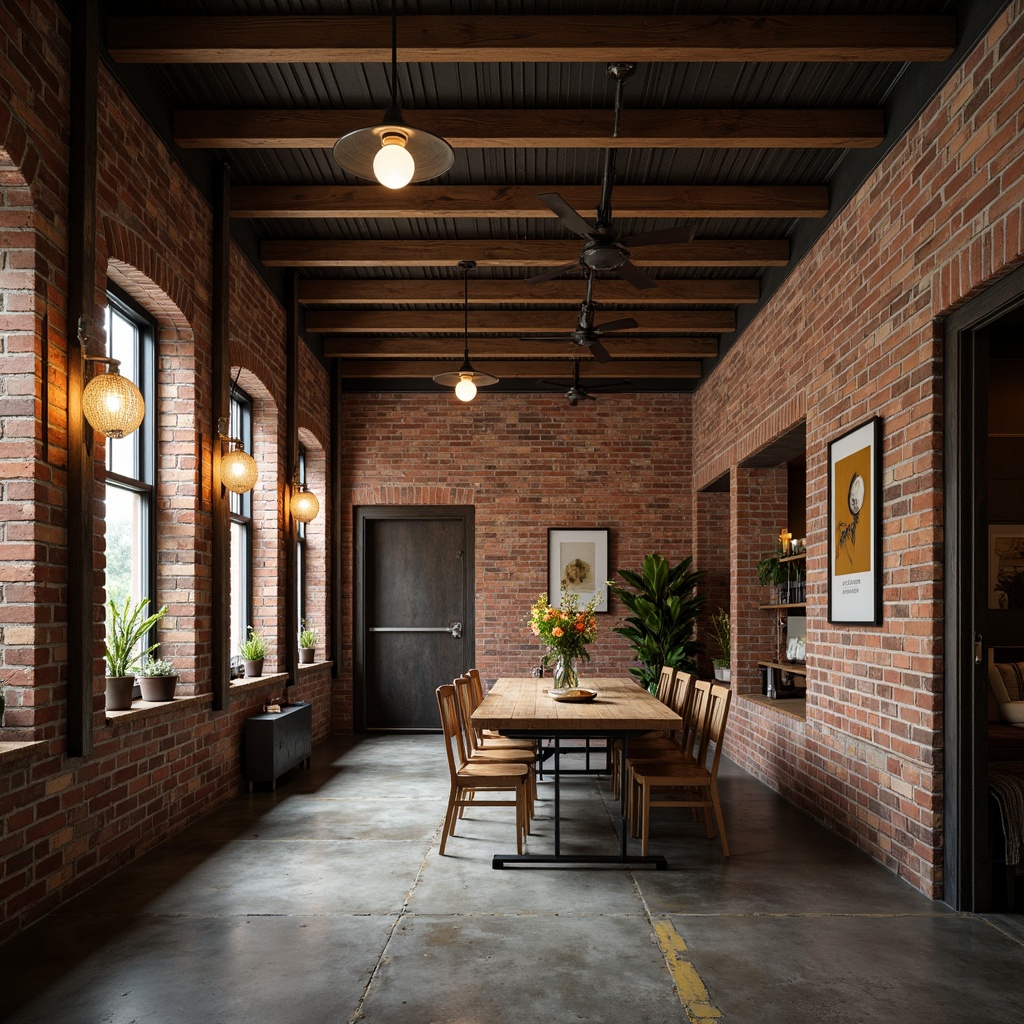 Prompt: Exposed brick walls, metal beams, reclaimed wood accents, industrial-chic decor, dimmable pendant lamps, warm-toned Edison bulbs, sleek metal shades, minimalist fixtures, urban loft atmosphere, distressed concrete floors, vintage factory windows, rusty metal doors, cozy corners, atmospheric shadows, warm ambient lighting, subtle color temperatures, 1/1 composition, realistic textures, soft focus blur.