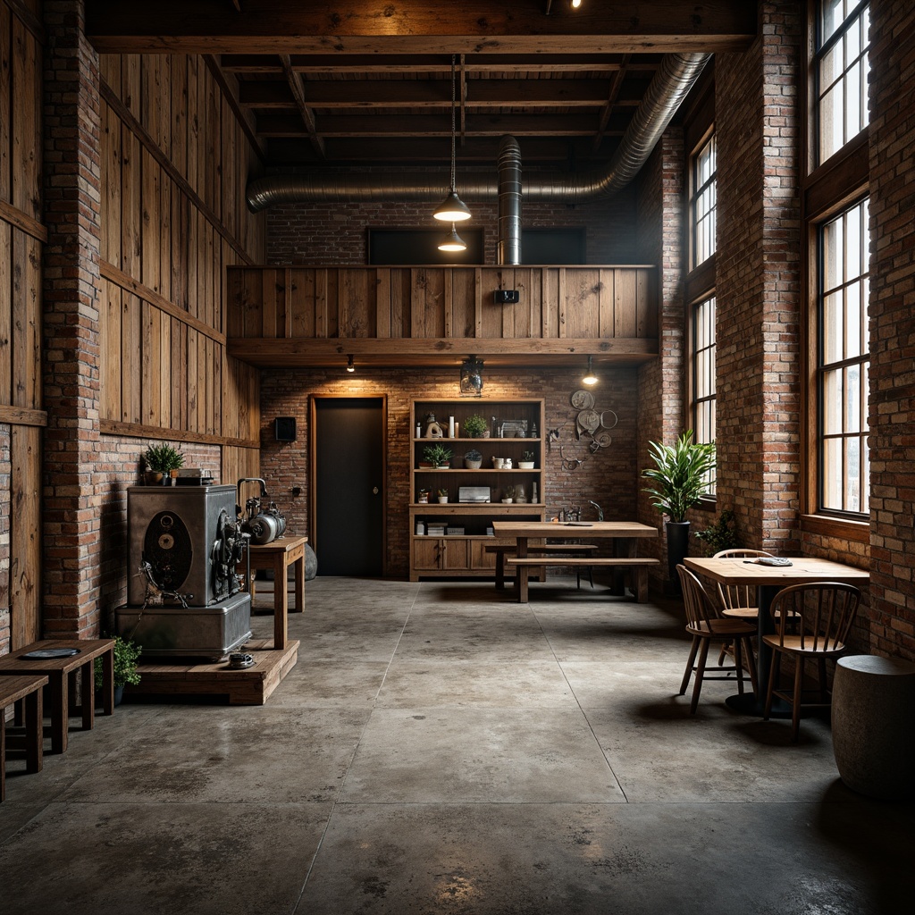 Prompt: Rustic industrial setting, reclaimed wood accents, exposed brick walls, distressed metal beams, vintage machinery, earthy color palette, natural stone flooring, worn concrete surfaces, metallic pipes, industrial lighting fixtures, minimalist decor, moody atmospheric lighting, low-key shadows, cinematic composition, gritty textures, realistic wear and tear.