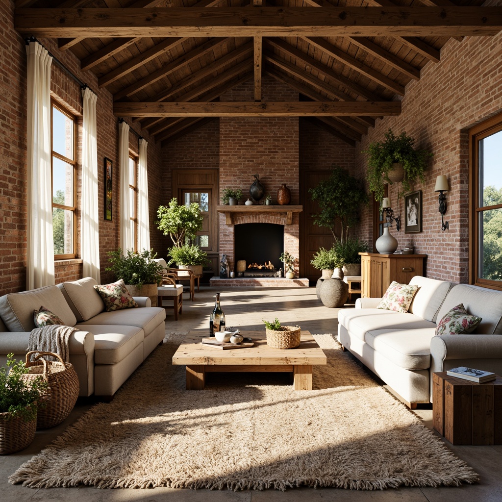 Prompt: Rustic farmhouse, vintage eclectic style, distressed wood accents, worn brick walls, natural stone floors, plush area rugs, comfortable couches, antique furniture pieces, woven baskets, floral patterned textiles, soft cotton fabrics, linen drapes, earthy color palette, warm cozy lighting, natural materials, organic shapes, laid-back atmosphere, countryside views, sunny afternoon, soft focus, 1/2 composition, inviting textures, atmospheric lighting.