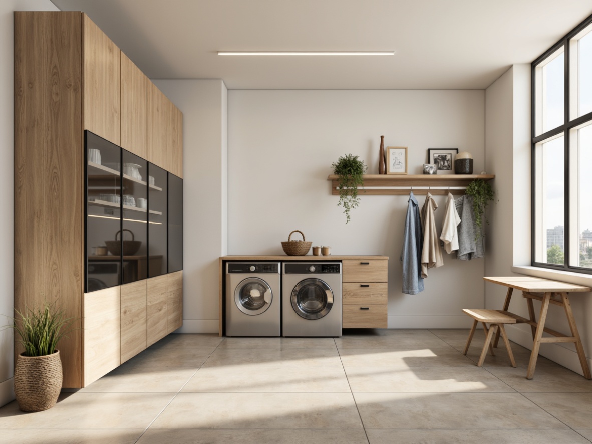 Prompt: Modern laundry room, sleek cabinets, stainless steel appliances, hanging rods, built-in shelving, compact storage units, retractable drying racks, ergonomic folding tables, soft-close drawers, LED lighting, minimalist decor, natural stone flooring, creamy white walls, warm beige accents, shallow depth of field, 1/1 composition, realistic textures.