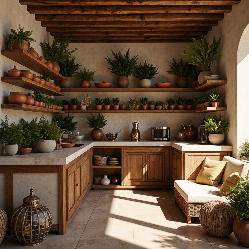 Prompt: Warm Mediterranean pantry, rustic wooden shelves, earthy terracotta pots, aromatic herbs, vintage copper accents, distressed stonework, soft warm lighting, 3/4 composition, shallow depth of field, natural stone countertops, woven wicker baskets, ceramic tiles, ornate metal lanterns, fragrant lemons, olive oil dispensers, rich wood tones, comfortable seating area, plush throw pillows, sunny afternoon, ambient occlusion.