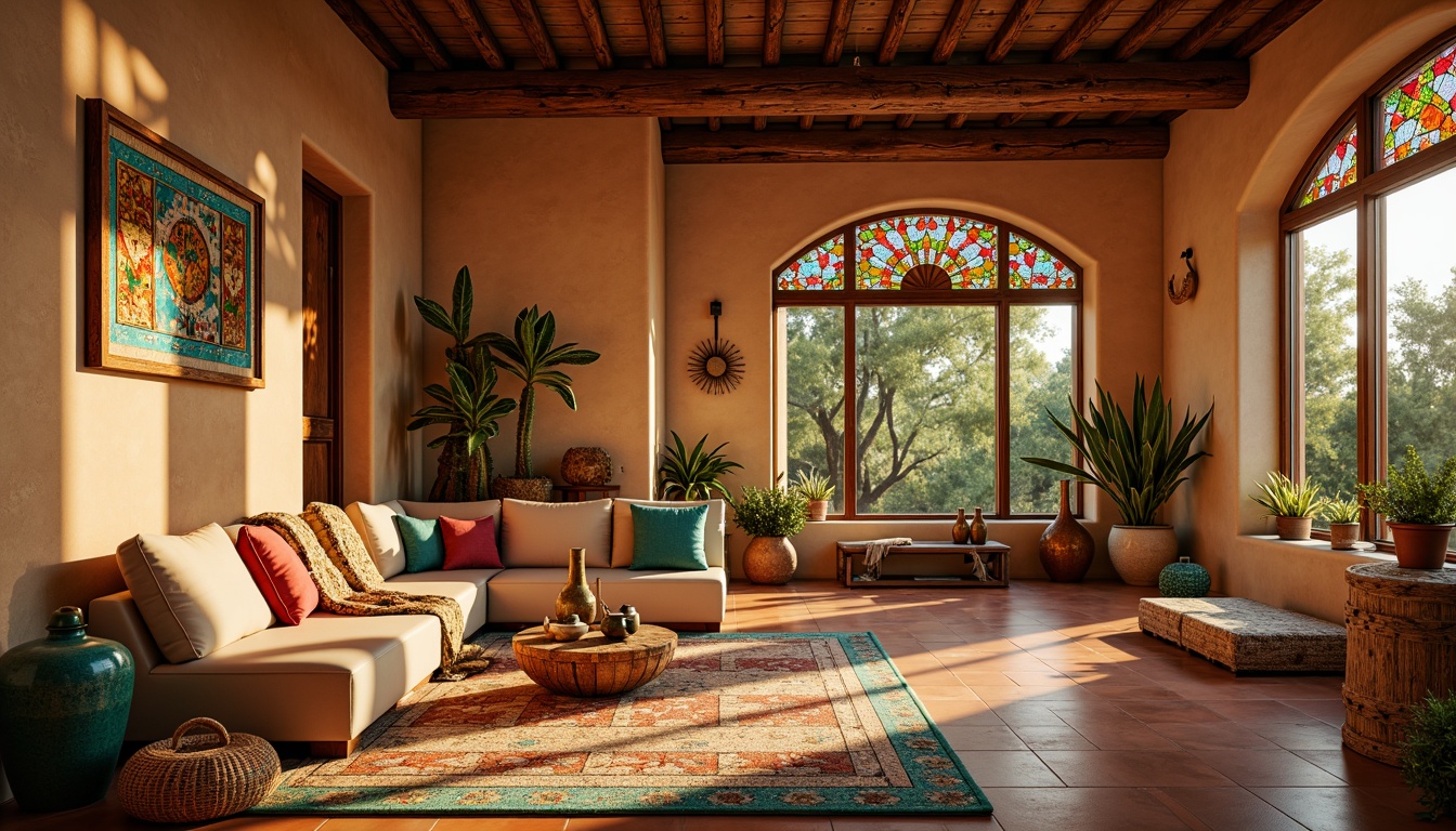 Prompt: Warm villa interior, southwestern style, stained glass windows, colorful mosaic patterns, warm golden lighting, rustic wooden beams, earthy terracotta floors, vibrant turquoise accents, cozy plush furnishings, natural fiber textiles, woven baskets, desert botanicals, cactus plants, warm beige walls, ornate metal fixtures, intricate geometric motifs, soft warm glow, shallow depth of field, 3/4 composition, realistic textures, ambient occlusion.