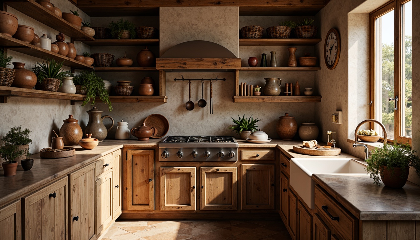 Prompt: Warm Mediterranean pantry, rustic wooden shelves, woven baskets, terracotta pottery, earthy ceramics, distressed finishes, ornate metalwork, vintage kitchen utensils, aromatic spices, fresh herbs, natural stone countertops, reclaimed wood cabinetry, soft warm lighting, shallow depth of field, 3/4 composition, realistic textures, ambient occlusion.