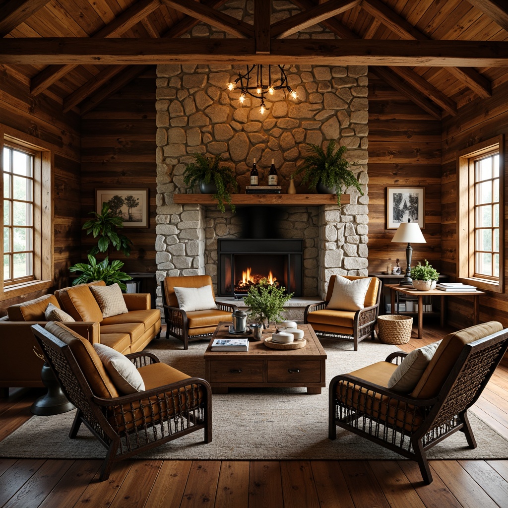 Prompt: Rustic cabin, wooden accents, natural stone walls, earthy color palette, vintage metal decor, distressed wood furniture, plush velvet upholstery, woven wicker chairs, antique bronze lighting, wooden beams, exposed brick, cozy fireplaces, warm candlelight, shallow depth of field, 1/2 composition, soft focus, realistic textures.