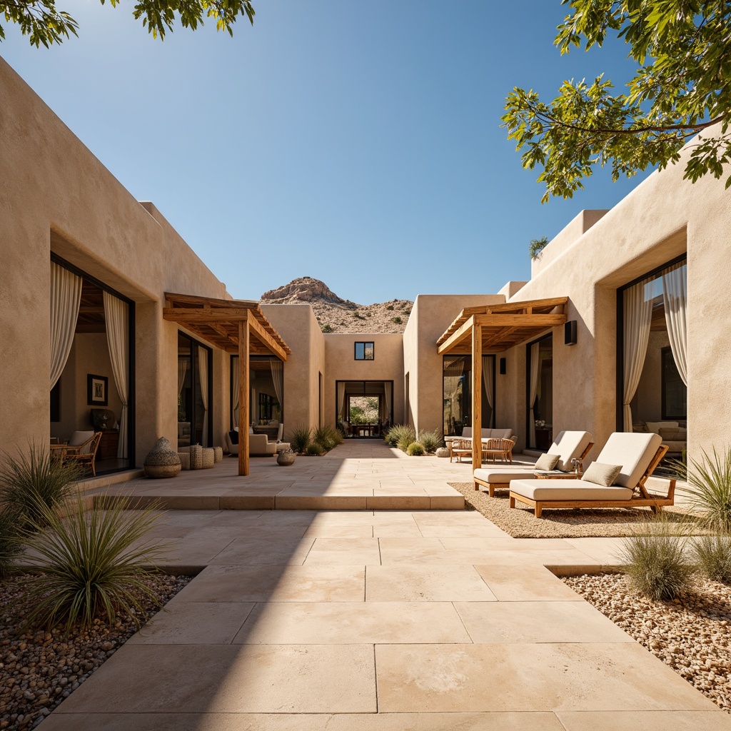 Prompt: Southwestern villa, adobe-style architecture, earthy tones, stucco walls, wooden beams, large windows, sliding glass doors, clerestory windows, skylights, open floor plans, minimalist decor, natural textiles, woven fibers, rattan furniture, desert landscape, cactus plants, sandy dunes, hot sunny day, clear blue sky, vast open space, warm golden lighting, shallow depth of field, 3/4 composition, panoramic view, realistic textures, ambient occlusion.