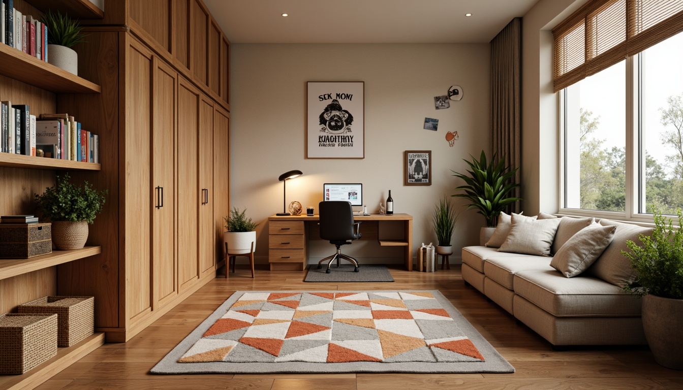 Prompt: Retro-style dorm room, mid-century modern furniture, wooden desk, ergonomic chair, geometric patterned rug, minimalist decor, natural wood accents, cozy reading nook, floor-to-ceiling bookshelves, warm task lighting, soft beige walls, bold color pops, vintage posters, industrial metal lamps, plush throw pillows, woven baskets, organic shapes, 1/2 composition, shallow depth of field, softbox lighting, realistic textures.