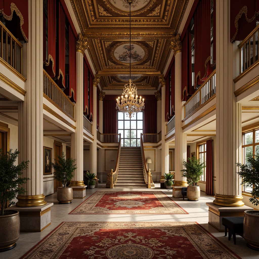 Prompt: \Elegant mansion, ornate columns, carved marble facades, grand entrance halls, sweeping staircases, intricate patterned rugs, lavish velvet drapes, rich tapestries, gilded frames, crystal chandeliers, warm golden lighting, shallow depth of field, 1/1 composition, symmetrical architecture, harmonious proportions, subtle texture blending, realistic fabric simulations, ornate furniture upholstery, luxurious silk fabrics, classical motifs, subtle color palette, soft natural light, serene atmosphere.\