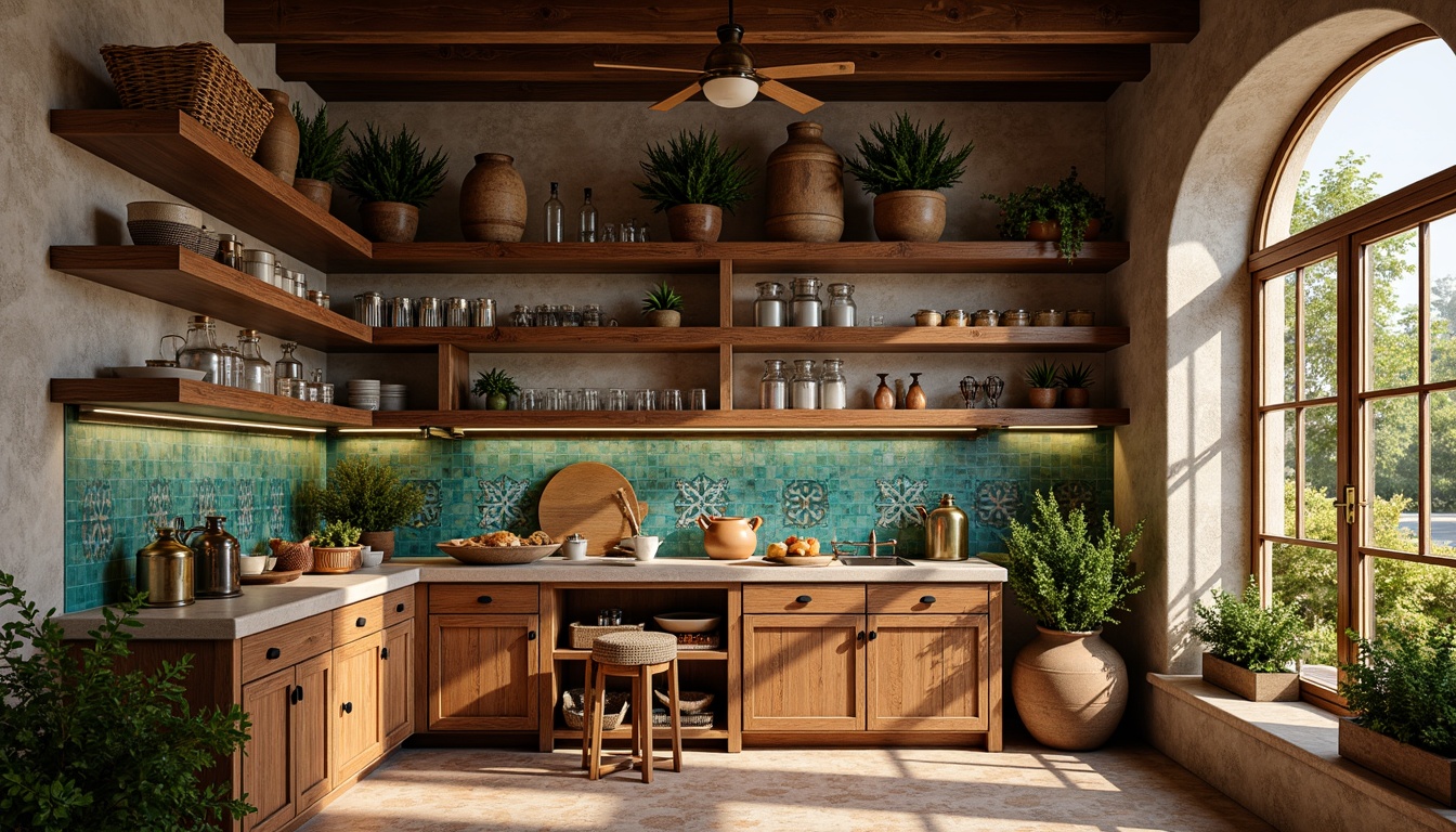 Prompt: Warm Mediterranean pantry, rustic wooden shelves, ornate ceramic tiles, vibrant turquoise accents, distressed metal lanterns, woven wicker baskets, aromatic herb planters, richly stained wood cabinetry, decorative glass vases, earthy terracotta pots, soft warm lighting, 1/1 composition, shallow depth of field, realistic textures, ambient occlusion.