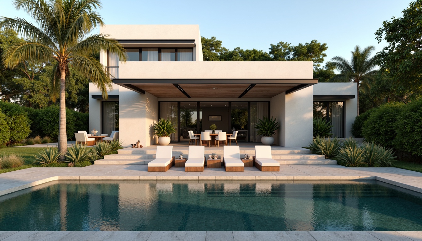 Prompt: Luxurious villa, grand courtyard, lush greenery, natural stone flooring, water features, infinity pool, outdoor lounge area, wooden pergola, retractable awning, floor-to-ceiling windows, sliding glass doors, minimalist decor, soft warm lighting, shallow depth of field, 3/4 composition, panoramic view, realistic textures, ambient occlusion.