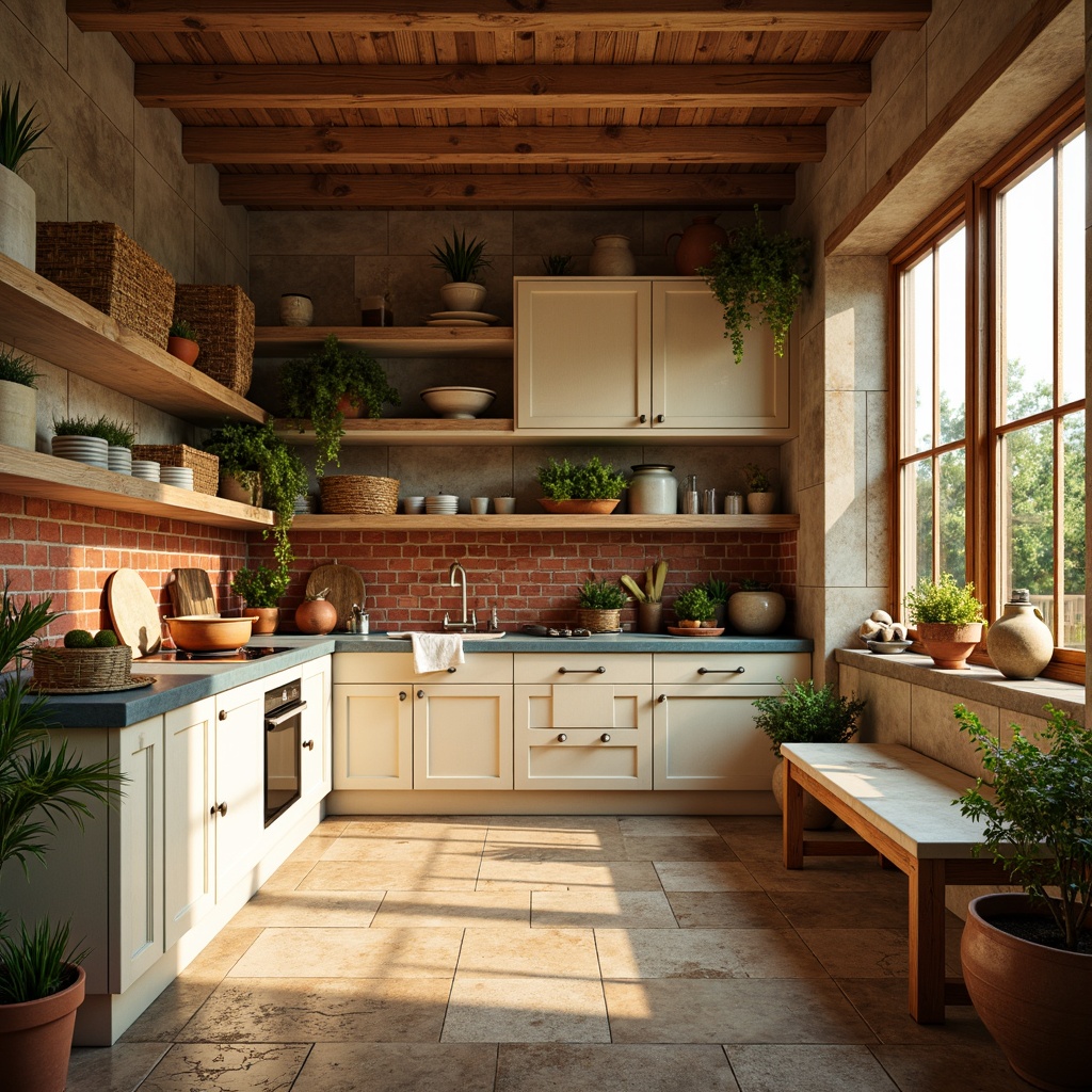 Prompt: Vibrant pantry interior, warm golden lighting, rich wood tones, creamy white cabinets, soft blue-gray countertops, rustic brick backsplash, distressed metal hardware, woven rattan storage baskets, earthy terracotta pots, lush greenery, natural stone flooring, cozy breakfast nook, 1/1 composition, realistic textures, ambient occlusion.