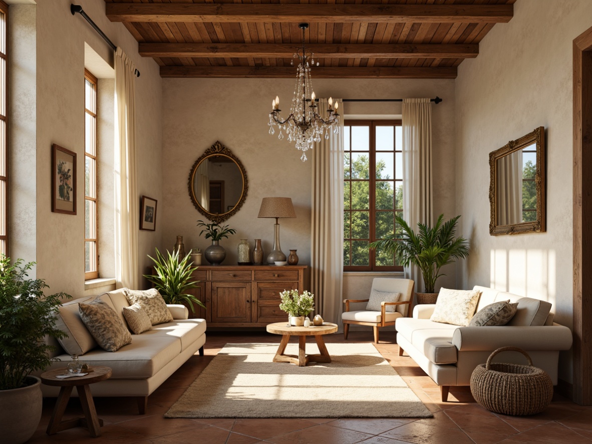 Prompt: Rustic French country interior, warm beige walls, distressed wood accents, soft cream furnishings, vintage decorative items, natural linen fabrics, earthy terracotta floors, elegant crystal chandeliers, ornate gold frames, lush greenery, sun-kissed windows, gentle morning light, 1/1 composition, soft focus, realistic textures, ambient occlusion.