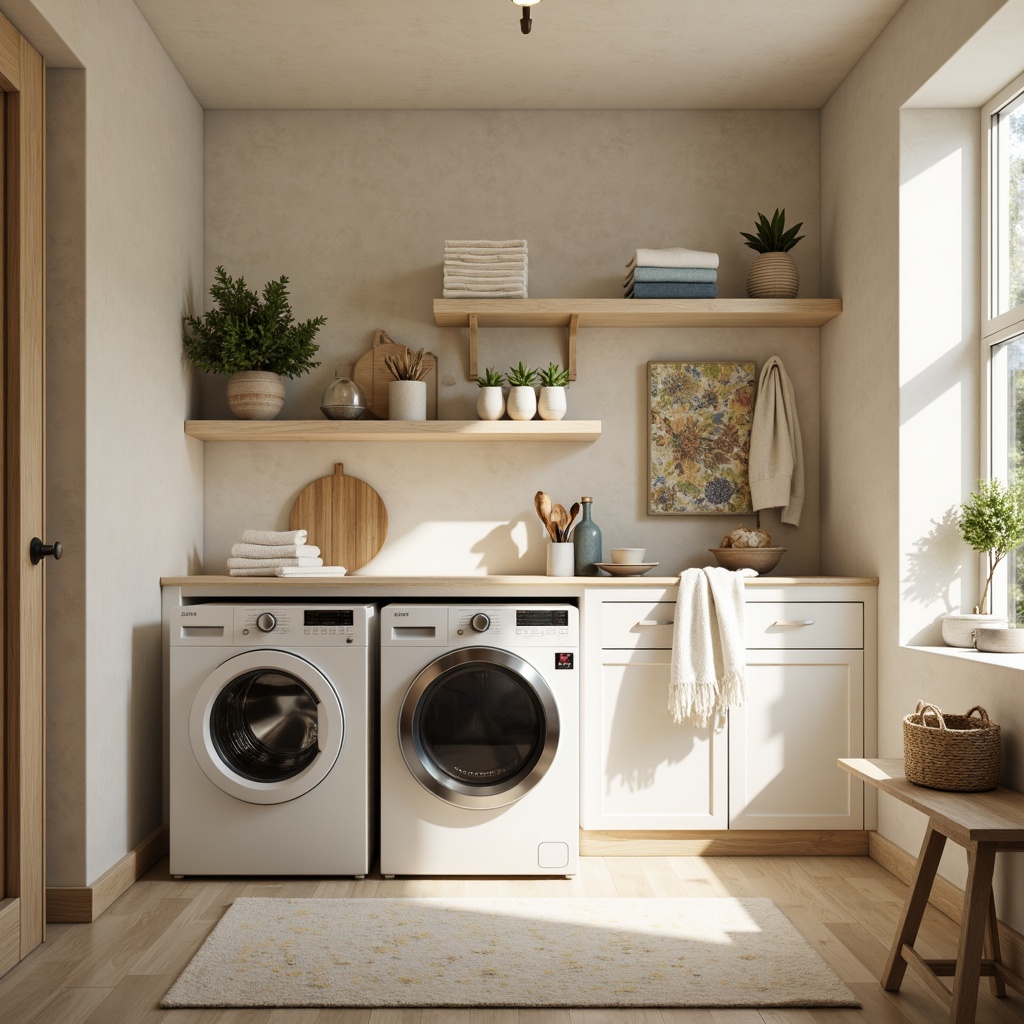 Prompt: Cozy laundry room, soft pastel colors, warm beige tones, calming whites, soothing blues, gentle yellows, natural wood accents, minimalist decor, functional layout, ample storage space, modern appliances, sleek metal finishes, subtle texture contrasts, warm ambient lighting, shallow depth of field, 1/1 composition, realistic renderings.