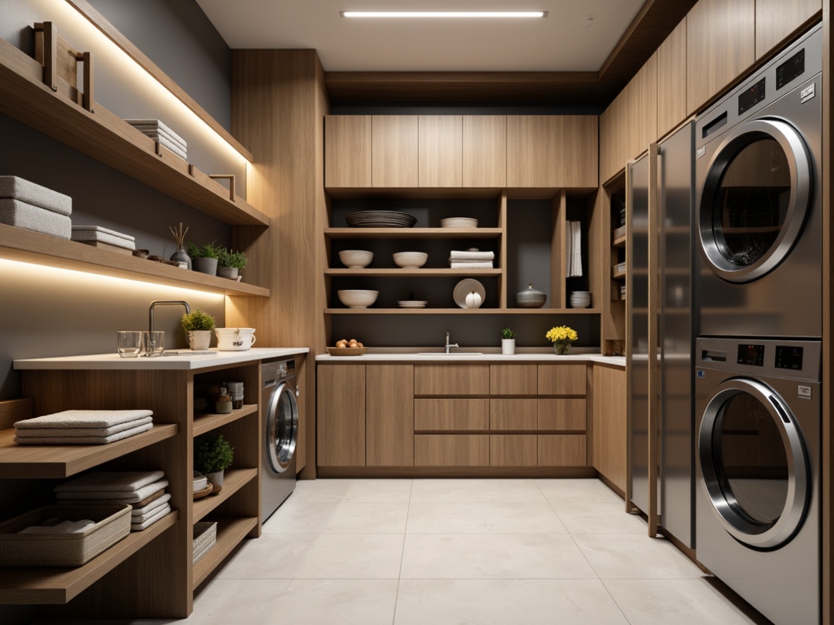 Prompt: Modern laundry room, sleek cabinetry, stainless steel appliances, foldable drying racks, stackable washer dryer units, sliding shelves, hidden storage compartments, LED lighting, minimalist design, clean lines, reflective surfaces, soft warm glow, 1/1 composition, shallow depth of field, realistic textures, ambient occlusion.