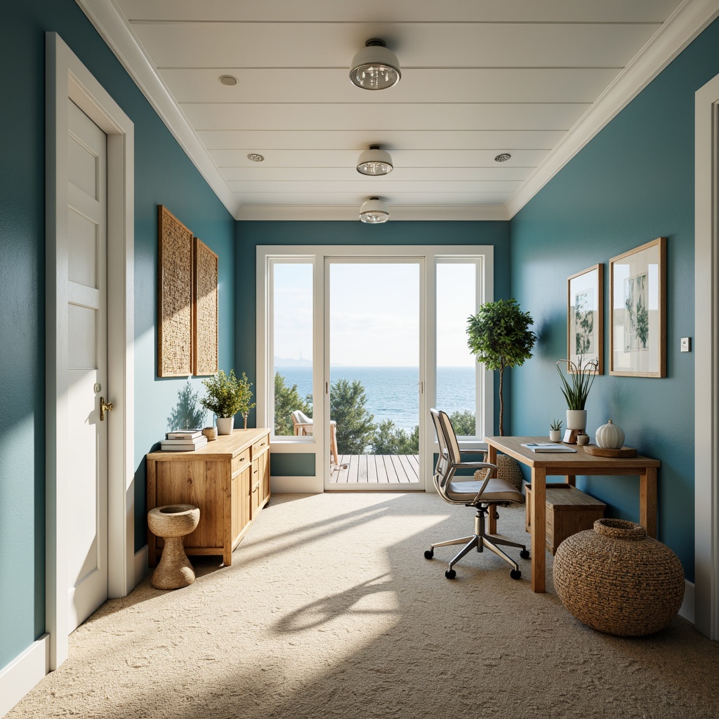 Prompt: Calming coastal office, soothing ocean blue walls, crisp white trim, natural wood accents, woven sea grass textures, driftwood furniture, nautical rope details, coral-inspired patterns, soft sandy beige carpets, glass doors with ocean views, modern minimalist desks, ergonomic chairs, abundant natural light, warm sunny day, shallow depth of field, 3/4 composition, realistic renderings, ambient occlusion.