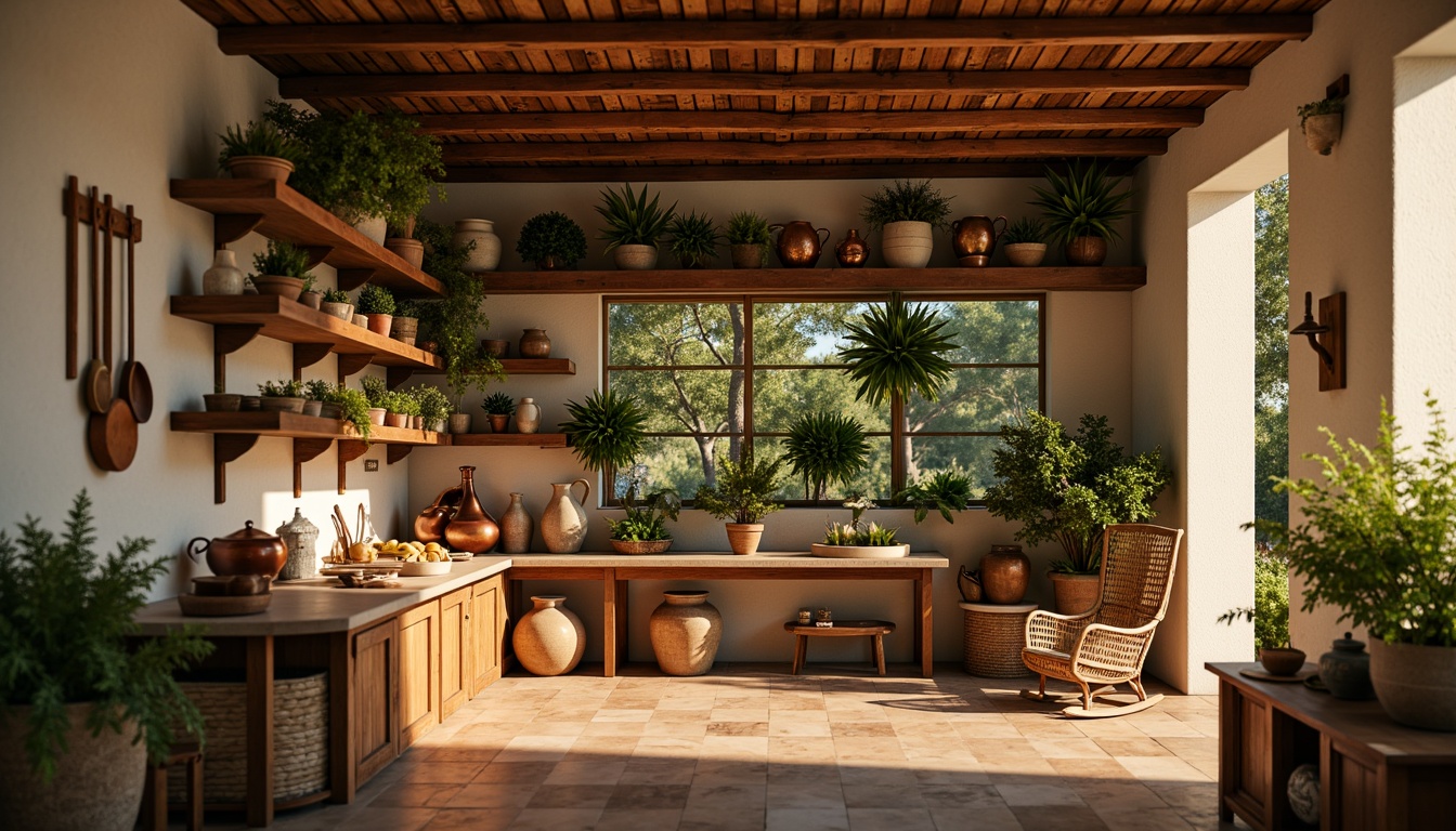 Prompt: Warm Mediterranean ambiance, rustic wooden shelves, earthy terracotta pots, aromatic fresh herbs, vintage copper utensils, distressed stoneware, woven wicker baskets, sun-kissed ceramic tiles, soft golden lighting, shallow depth of field, 1/1 composition, realistic textures, ambient occlusion.