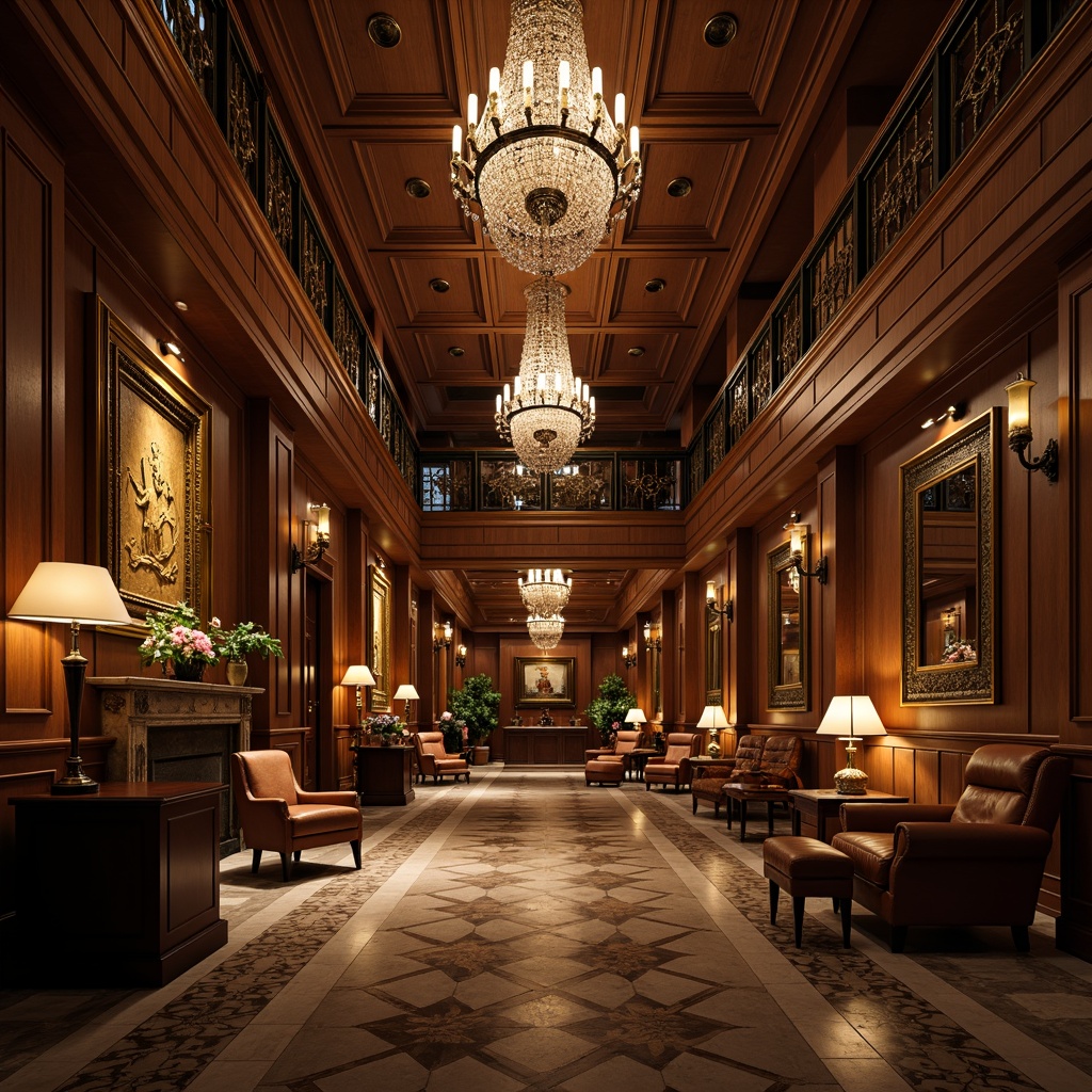 Prompt: Elegant banking hall, high ceilings, ornate moldings, luxurious chandeliers, crystal droplets, bronze metalwork, rich wood tones, leather upholstery, sophisticated color palette, ambient warm lighting, table lamps, floor lamps, sconce lights, pendant lights, recessed lighting, subtle shadows, soft diffusion, 1/1 composition, realistic materials, detailed textures.