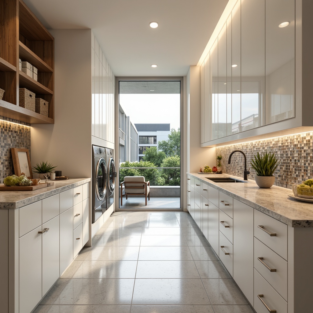 Prompt: Luxurious laundry room, high-gloss cabinets, soft-close drawers, sleek handles, chrome fixtures, marble countertops, LED lighting, modern minimalist design, neutral color palette, creamy whites, warm wood tones, textured glass backsplash, floor-to-ceiling windows, natural light pouring in, 1/1 composition, shallow depth of field, realistic reflections, ambient occlusion.