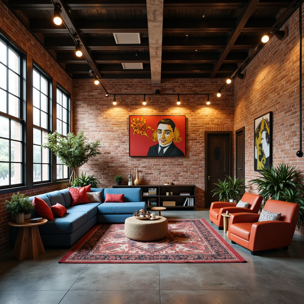 Prompt: Exposed brick walls, industrial metal beams, polished concrete floors, reclaimed wood accents, Edison bulb lighting, minimalist decor, urban loft atmosphere, vibrant color pops, bold artwork, eclectic furniture pieces, cozy textiles, soft warm glow, shallow depth of field, 1/1 composition, realistic textures, ambient occlusion.