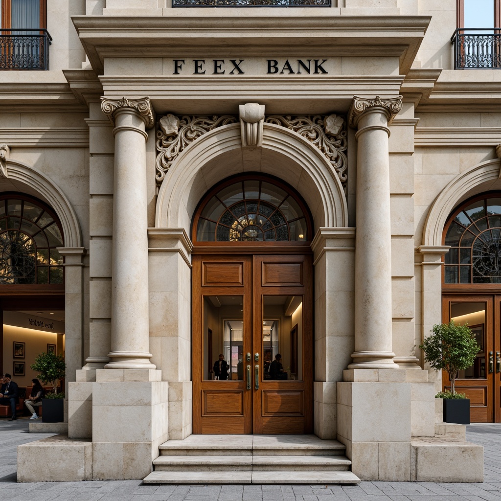 Prompt: Elegant bank facade, neoclassical architecture, symmetrical composition, ornate stone carvings, grand entrance, heavy wooden doors, bronze door handles, intricate metalwork, stained glass windows, arched openings, rusticated base, Corinthian columns, carved pediments, soft natural light, warm beige tones, classic moldings, subtle textures, shallow depth of field, 2/3 composition, realistic reflections, ambient occlusion.