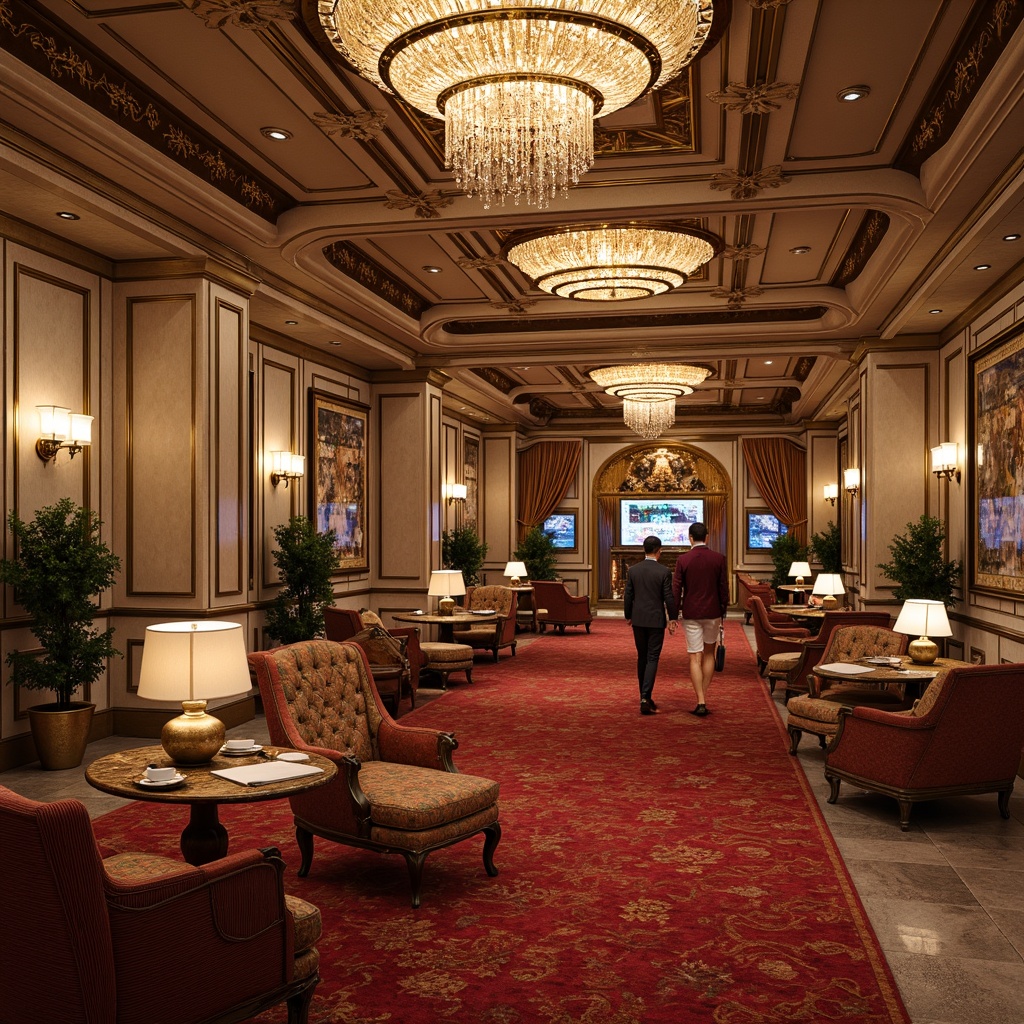 Prompt: Luxurious casino interior, rich velvet fabrics, ornate golden accents, intricately carved wooden panels, grand crystal chandeliers, plush red carpets, Baroque-inspired furniture, curved lines, soft warm lighting, opulent upholstery, lavish decorations, rustic distressed finishes, natural stone floors, aged wood tones, vintage French country elements, elegant tufted sofas, antique bronze hardware, subtle ornateness, warm beige colors, sophisticated ambiance.