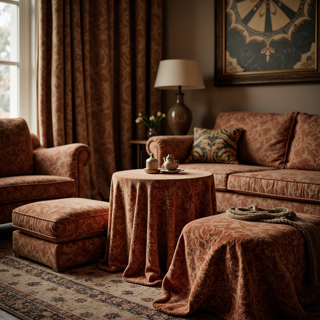 Prompt: Luxurious velvet fabrics, soft silk textures, intricate woven patterns, natural linen materials, bold graphic prints, metallic accents, subtle sheen effects, earthy tone colors, plush cushioning, ornate tassels, sophisticated embroidery, opulent drapery, refined upholstery, lavish decorations, warm ambient lighting, 1/1 composition, shallow depth of field, realistic renderings.