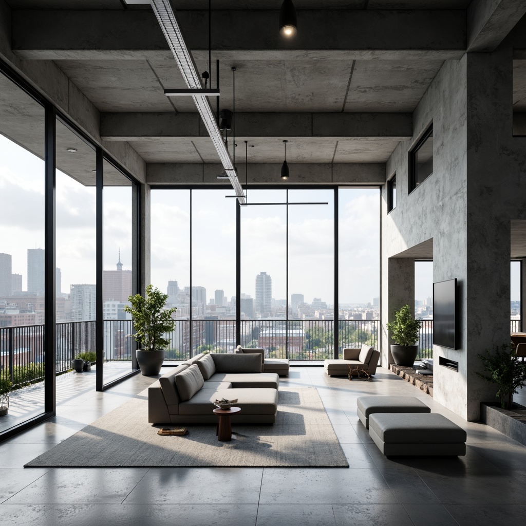 Prompt: Monochromatic interior space, minimal ornamentation, sleek lines, industrial materials, concrete floors, metal beams, functional furniture, hidden storage, clutter-free environment, natural light pouring in, floor-to-ceiling windows, sliding glass doors, urban cityscape views, soft diffused lighting, 1/1 composition, symmetrical balance, realistic textures, ambient occlusion.