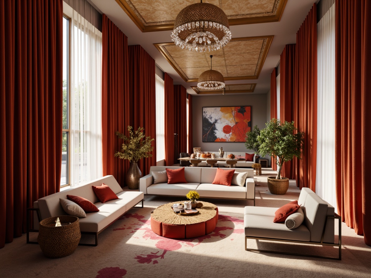 Prompt: Rich velvet drapes, luxurious silk fabrics, soft plush carpets, natural woven baskets, elegant crystal chandeliers, modern minimalist sofas, sleek metal coffee tables, vibrant abstract artwork, warm golden lighting, shallow depth of field, 1/2 composition, realistic textures, ambient occlusion.