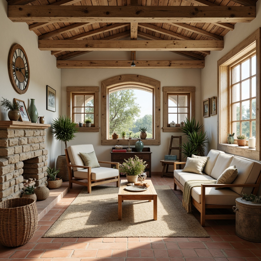 Prompt: Rustic farmhouse interior, distressed wood accents, vintage decor, eclectic furniture pieces, natural stone walls, earthy terracotta floors, creamy white shiplap, soft pastel hues, muted sage greens, warm beige tones, rich walnut browns, antique metal fixtures, woven textiles, plush throw blankets, sun-drenched windows, soft warm lighting, shallow depth of field, 3/4 composition, realistic textures, ambient occlusion.