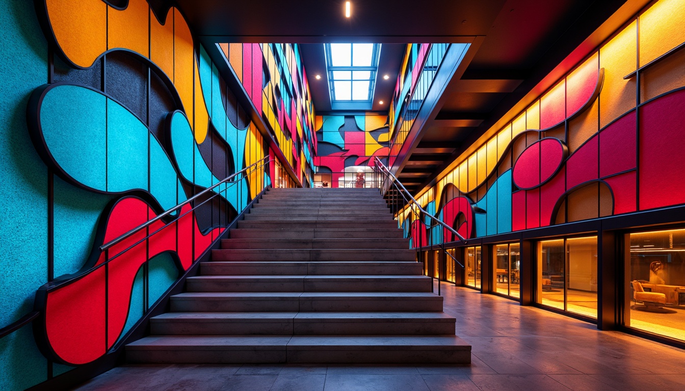 Prompt: Vibrant staircase, expressive wall art, irregular shapes, bold colorblocking, abstract patterns, dynamic LED lighting, futuristic materials, sleek metal railings, minimalist banisters, innovative textures, 3D geometric forms, fragmented mirrors, urban industrial atmosphere, high-contrast dramatic shadows, wide-angle lens, cinematic composition, deep depth of field.