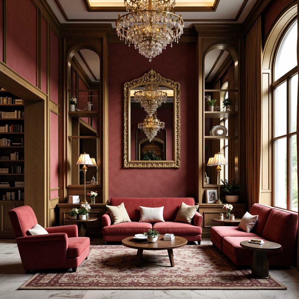 Prompt: Richly upholstered furniture, plush velvet pillows, intricately carved wooden decor, metallic gold accents, ornate mirrors, crystal chandeliers, soft warm lighting, luxurious fabrics, subtle patterns, elegant curves, refined lines, sophisticated color palette, inviting atmosphere, cozy reading nooks, lavish drapery, statement pieces, eclectic art collections, natural stone flooring, polished marble countertops, decorative vases, fresh flowers, opulent textiles, sumptuous rugs, serene ambiance.