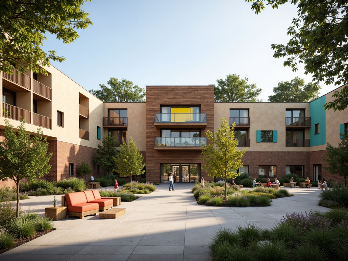 Prompt: Earth-toned community center, natural brick exterior, warm beige stucco, rustic wooden accents, vibrant turquoise trim, playful yellow signage, inviting green spaces, lush landscaping, meandering walkways, gathering plaza, shaded outdoor seating, soft warm lighting, shallow depth of field, 1/2 composition, realistic textures, ambient occlusion.