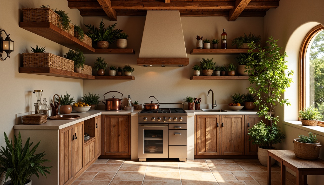 Prompt: Cozy Mediterranean pantry, warm beige walls, rustic wooden shelves, ceramic tile floors, distressed wooden cabinets, ornate metal hardware, woven wicker baskets, vintage copper accents, aromatic spice racks, decorative terra cotta pots, lush greenery, natural stone countertops, soft warm lighting, shallow depth of field, 3/4 composition, realistic textures, ambient occlusion.