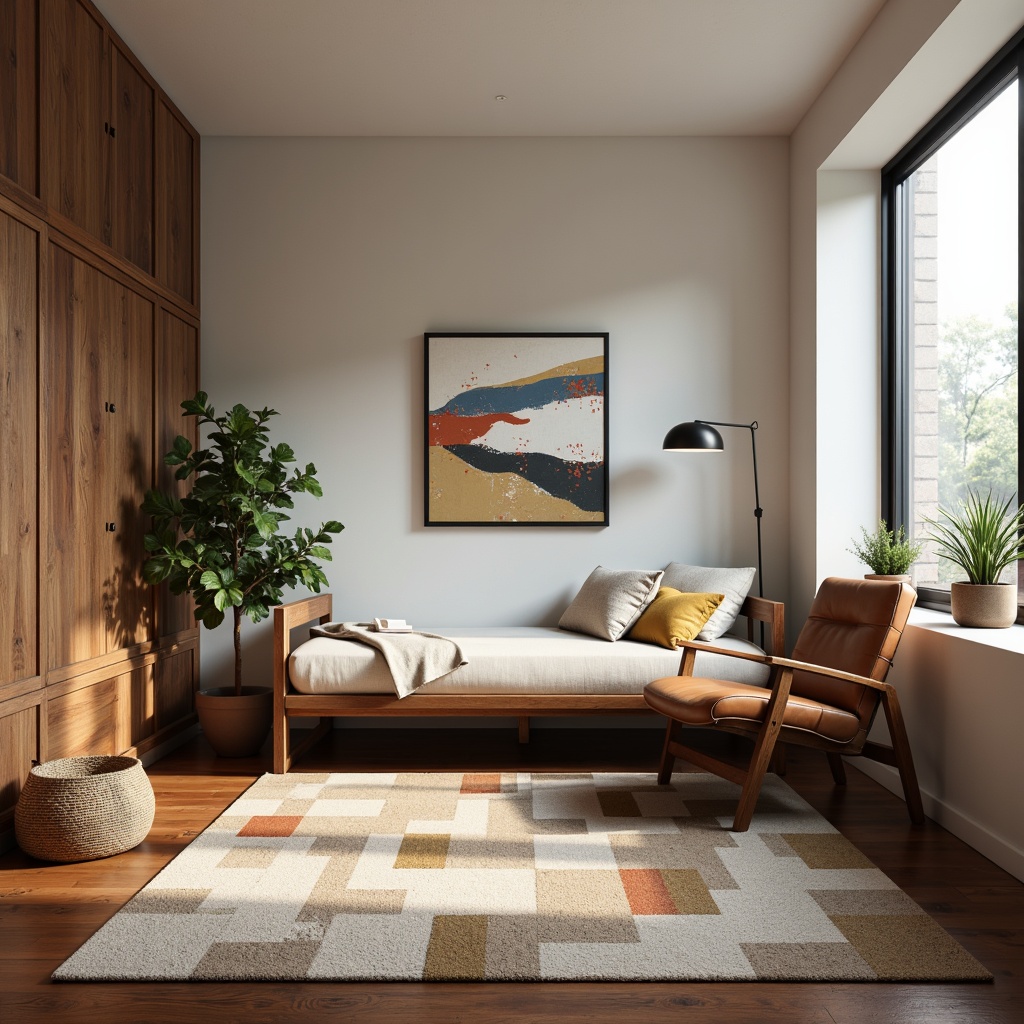 Prompt: Mid-century modern dorm room, minimalist decor, simple wooden furniture, low-profile bed frame, geometric patterned rug, abstract artwork, industrial metal desk lamp, sleek leather armchair, rich walnut wood tone, natural textiles, woven baskets, greenery plants, soft warm lighting, shallow depth of field, 1/2 composition, realistic textures, ambient occlusion.