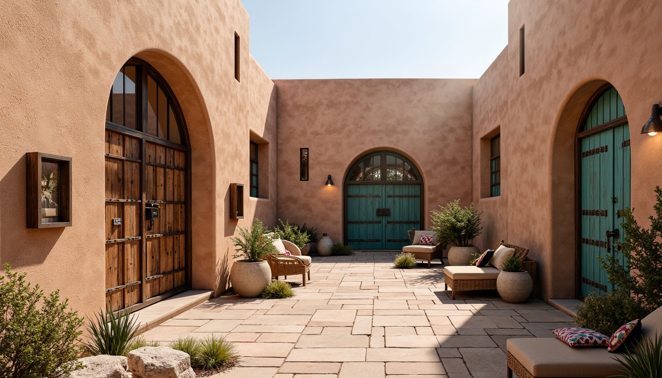 Prompt: Earth-toned adobe buildings, curved lines, rounded arches, ornate wooden doors, wrought iron hinges, rustic metal accents, vibrant turquoise accents, natural stone walls, stucco finishes, clay roof tiles, decorative tile work, colorful ceramics, geometric patterned textiles, warm earthy color palette, soft desert lighting, shallow depth of field, 3/4 composition, panoramic view, realistic textures, ambient occlusion.