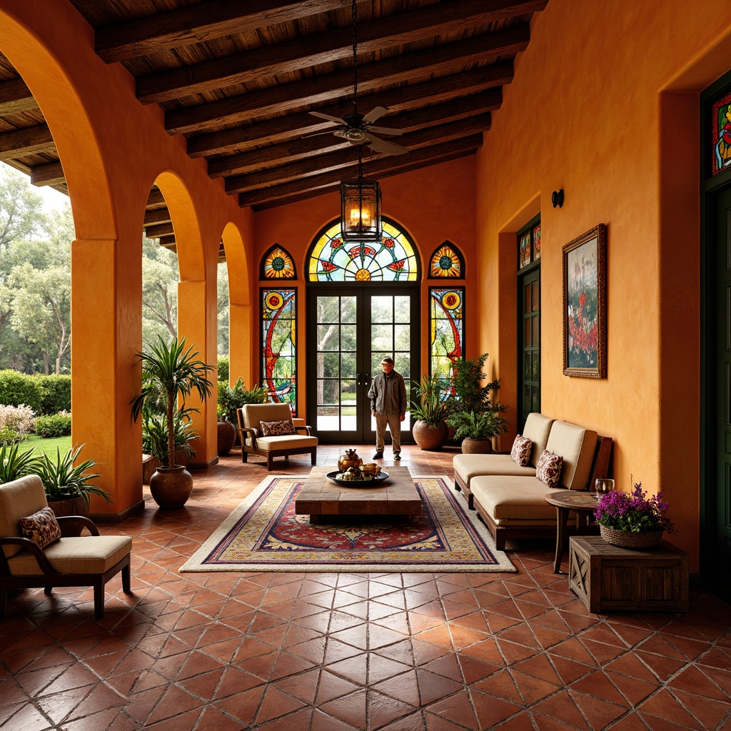 Prompt: Vibrant villa interior, southwestern style, stained glass windows, warm earthy tones, terracotta flooring, rustic wooden beams, ornate metalwork, colorful geometric patterns, intricate mosaics, ambient natural light, soft warm glow, subtle shadows, 1/1 composition, shallow depth of field, realistic textures, ambient occlusion.