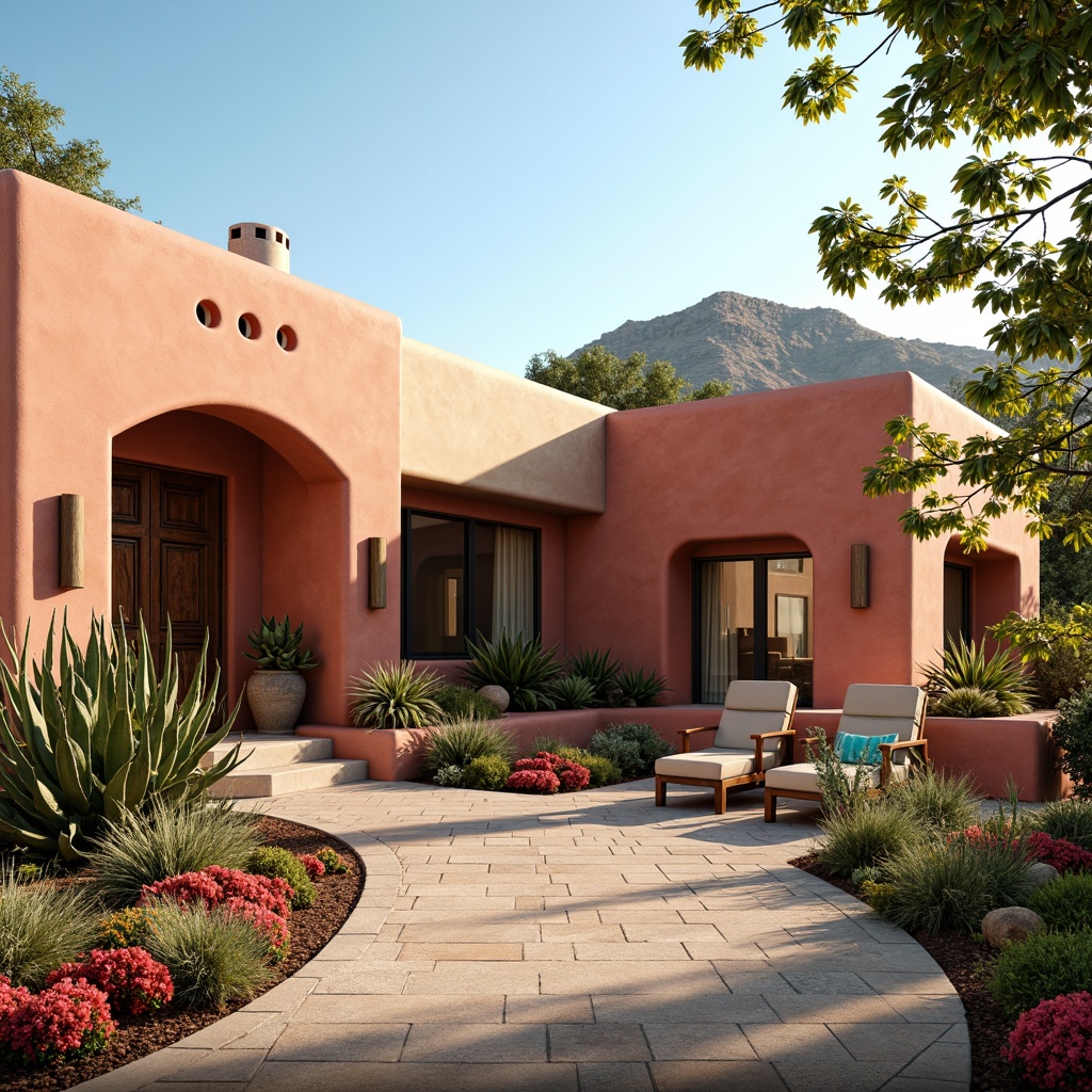 Prompt: Southwestern villa, adobe-inspired architecture, warm earthy tones, terracotta red walls, sandy beige stucco, turquoise accents, soft sage greenery, vibrant coral flowers, rustic wooden doors, ornate metalwork, natural stone pathways, arid desert landscape, cacti and succulents, clear blue sky, warm golden lighting, shallow depth of field, 1/1 composition, realistic textures, ambient occlusion.