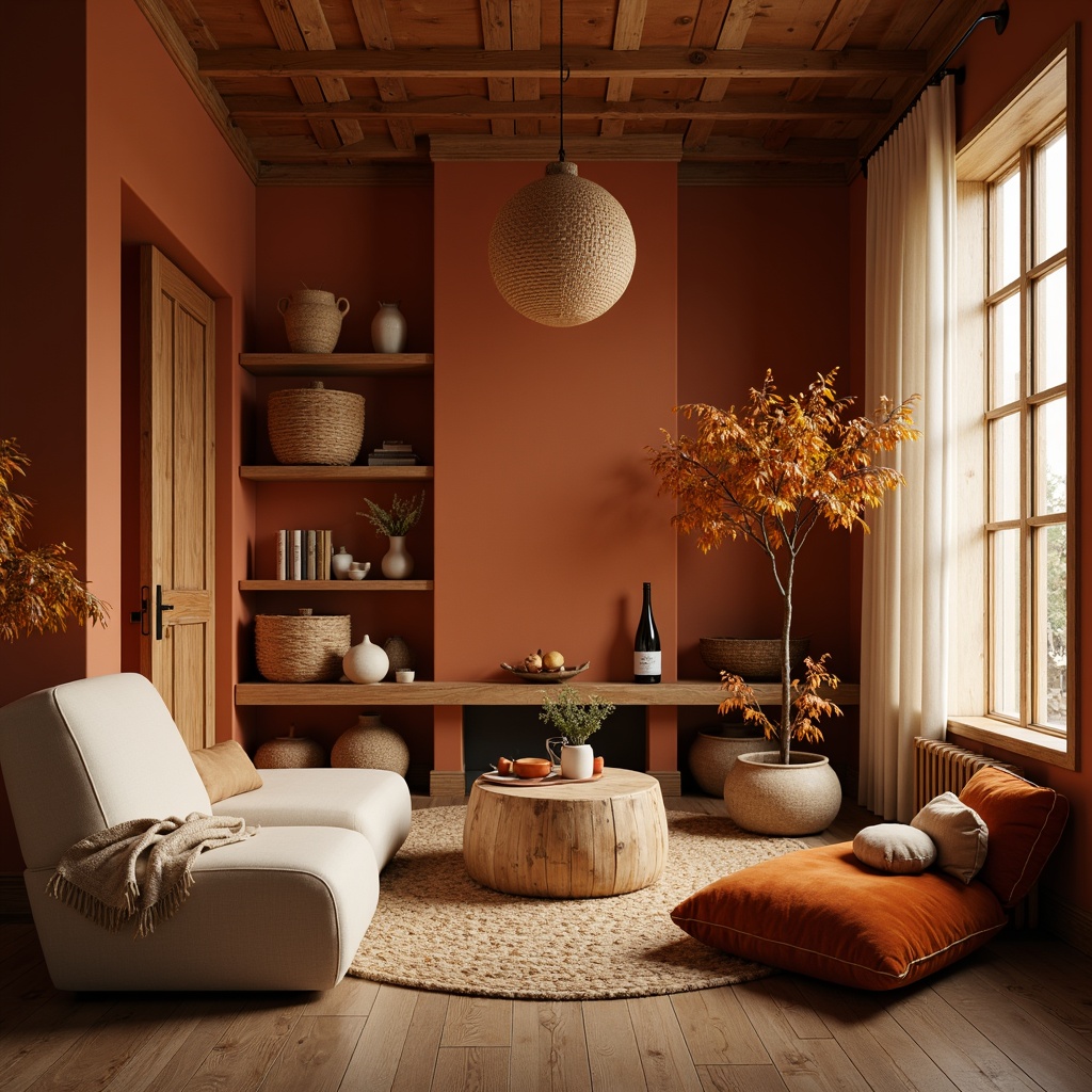 Prompt: Warm persimmon hues, soft golden lighting, rich wood accents, plush velvet fabrics, earthy terracotta tones, creamy whites, subtle orange undertones, cozy intimate spaces, natural textiles, woven baskets, rustic wooden furniture, autumnal leaves, soft focus, shallow depth of field, 1/1 composition, inviting atmosphere, realistic materials, ambient occlusion.