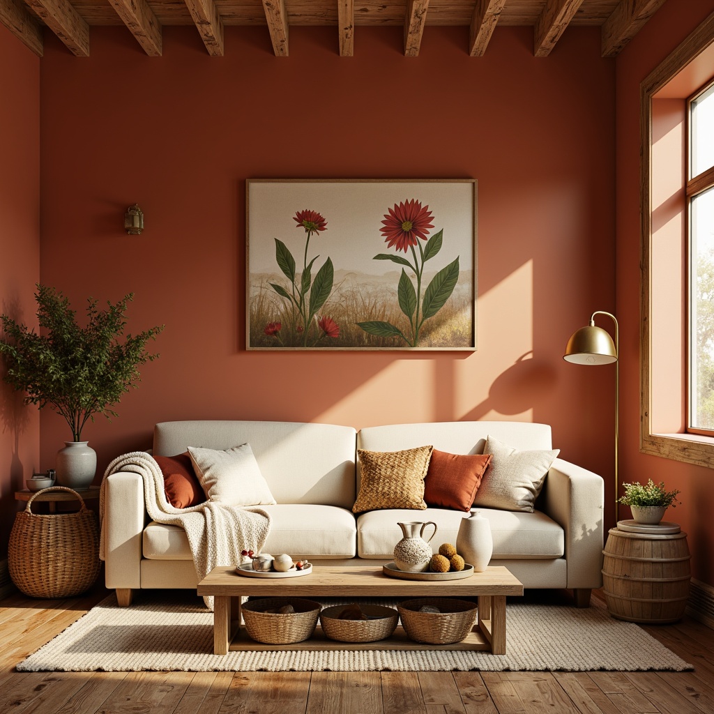 Prompt: Warm persimmon walls, rich wood tones, creamy beige furniture, soft golden lighting, cozy throw blankets, natural textiles, woven baskets, earthy ceramics, organic shapes, botanical prints, vintage decor accents, distressed wood floors, rustic metal fixtures, autumnal color scheme, inviting atmosphere, shallow depth of field, 1/1 composition, realistic textures, ambient occlusion.