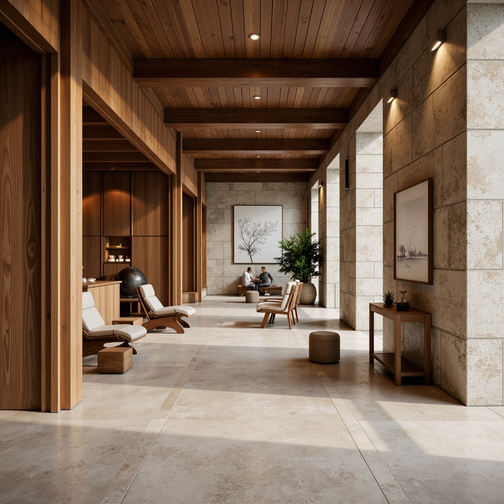 Prompt: Rich wood accents, neutral color palette, earthy tones, textured stone walls, natural materials, sleek metal fixtures, modern banking facilities, open floor plans, minimal ornamentation, subtle patterns, warm ambient lighting, shallow depth of field, 1/1 composition, realistic textures, ambient occlusion, corporate branding elements, professional atmosphere.