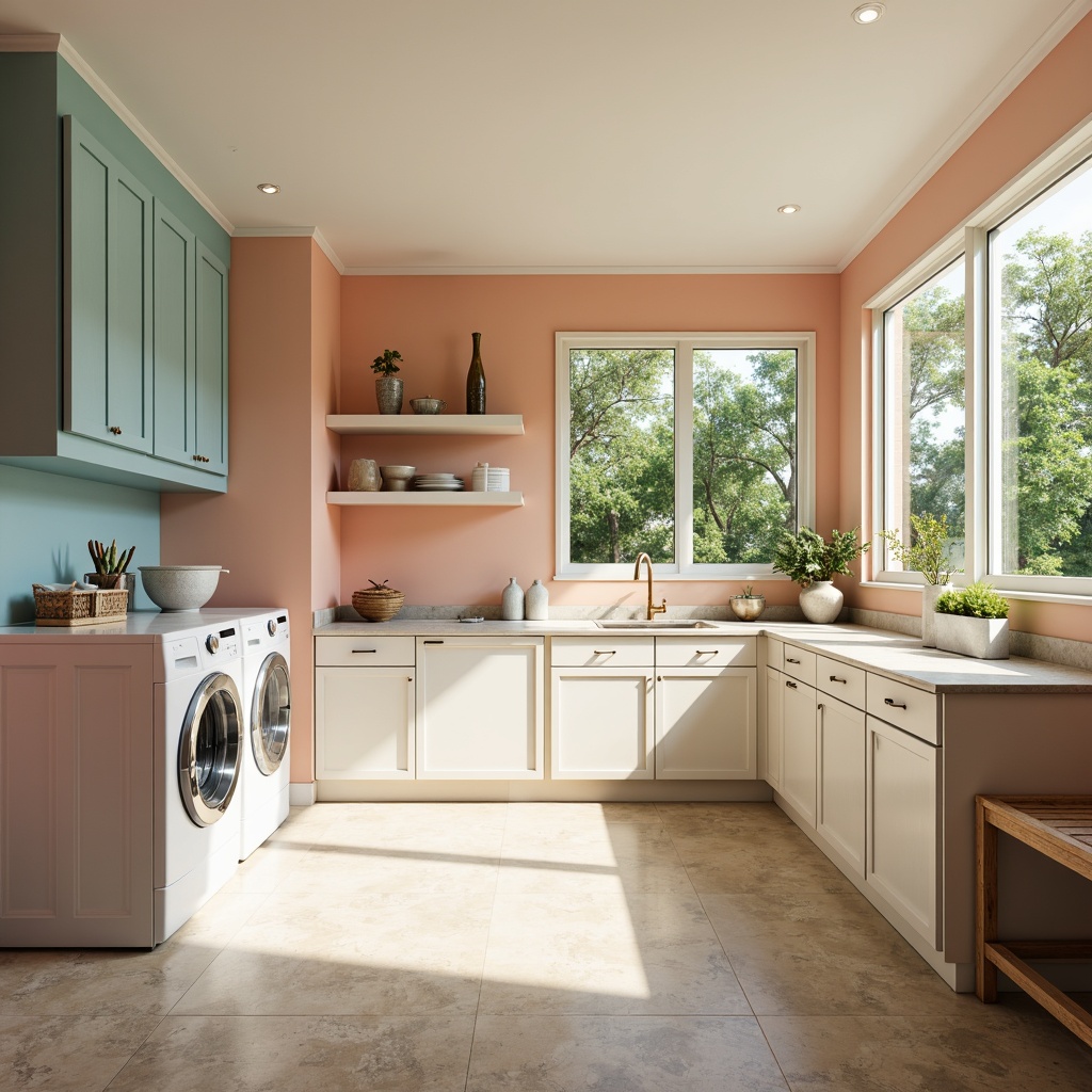 Prompt: Vibrant laundry room, pastel color scheme, soft peach walls, creamy white cabinets, sky blue accents, warm beige floors, natural light pouring in, large windows, sliding glass doors, lush greenery outside, calming atmosphere, minimal decor, modern appliances, stainless steel fixtures, soft focus, shallow depth of field, 1/1 composition, realistic textures, ambient occlusion.