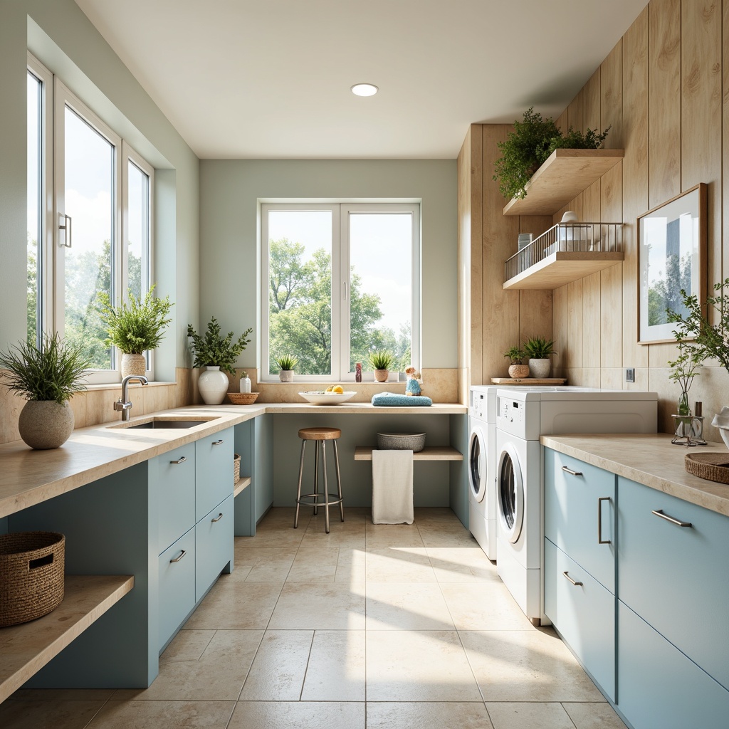 Prompt: Vibrant laundry room, soft pastel colors, gentle cream tones, calming blue hues, warm beige accents, natural stone countertops, sleek metal appliances, minimalist decor, ample storage space, large windows, soft diffused lighting, shallow depth of field, 1/1 composition, realistic textures, ambient occlusion.